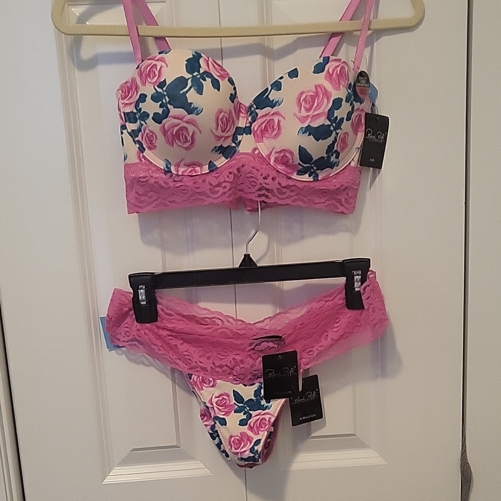 Rene Rofe Pink Floral Lace Bra and Panty Set 36C